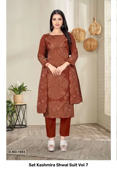 Sat Kashmira Shwal Suit Vol 7, rust-brown salwar suit with all-over intricate paisley and geometric print with a matching dupatta.