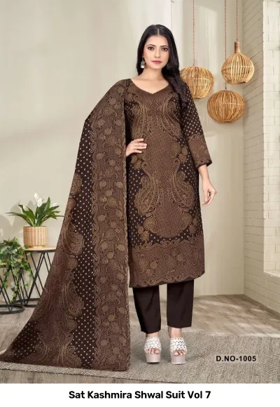 Sat Kashmira Shwal Suit Vol 7, dark brown salwar suit with detailed paisley and geometric print and a matching printed dupatta.