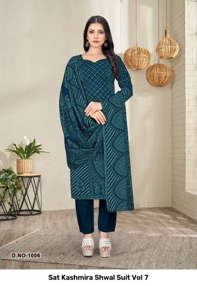 Sat Kashmira Shwal Suit Vol 7, teal blue salwar suit with all-over geometric and floral print with a matching dupatta.