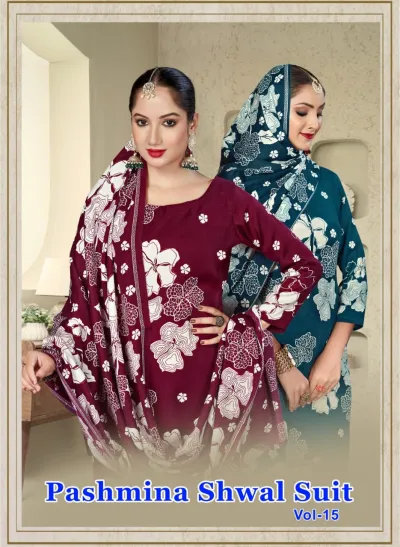 SAT Pashmina Shwal Suit Vol 15 design 1 of 13 — Heavy Pashmina Unstitched Dress Materials with print by SAT, wholesale Surat