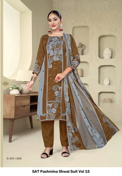 SAT Pashmina Shwal Suit Vol 15 design 10 of 13 — Heavy Pashmina Unstitched Dress Materials with print by SAT, wholesale Surat