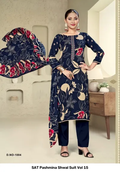 SAT Pashmina Shwal Suit Vol 15 design 11 of 13 — Heavy Pashmina Unstitched Dress Materials with print by SAT, wholesale Surat