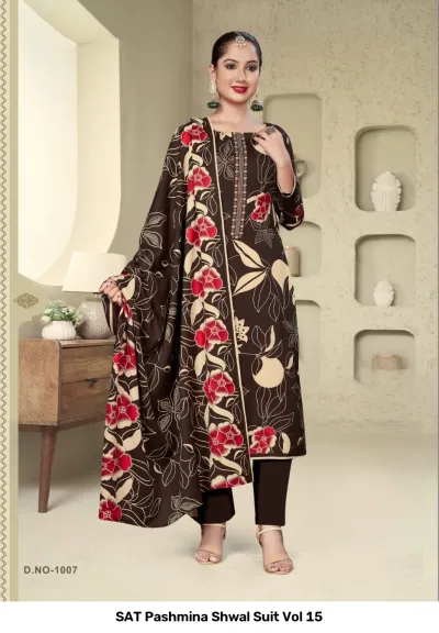 SAT Pashmina Shwal Suit Vol 15 design 12 of 13 — Heavy Pashmina Unstitched Dress Materials with print by SAT, wholesale Surat