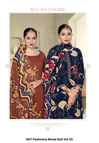 SAT Pashmina Shwal Suit Vol 15 design 2 of 13 — Heavy Pashmina Unstitched Dress Materials with print by SAT, wholesale Surat