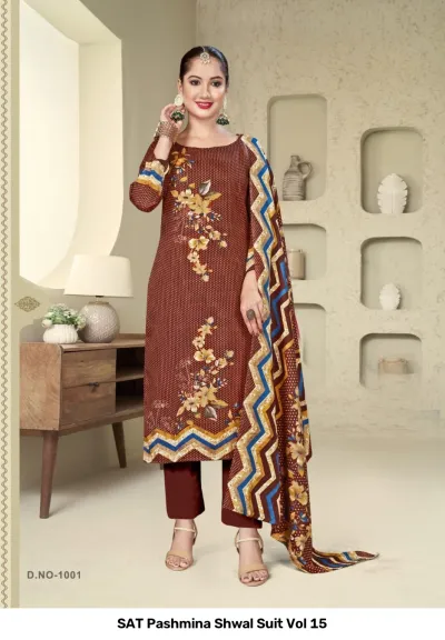 SAT Pashmina Shwal Suit Vol 15 design 3 of 13 — Heavy Pashmina Unstitched Dress Materials with print by SAT, wholesale Surat