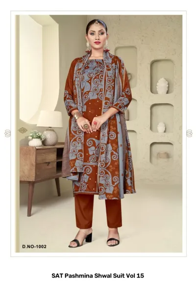 SAT Pashmina Shwal Suit Vol 15 design 4 of 13 — Heavy Pashmina Unstitched Dress Materials with print by SAT, wholesale Surat
