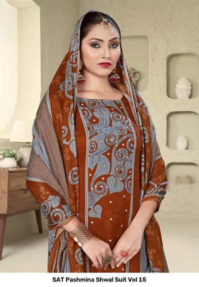 SAT Pashmina Shwal Suit Vol 15 design 5 of 13 — Heavy Pashmina Unstitched Dress Materials with print by SAT, wholesale Surat