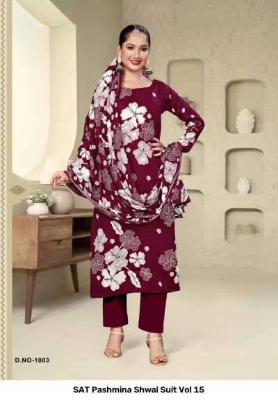 SAT Pashmina Shwal Suit Vol 15 design 6 of 13 — Heavy Pashmina Unstitched Dress Materials with print by SAT, wholesale Surat