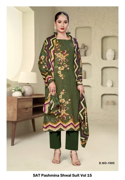 SAT Pashmina Shwal Suit Vol 15 design 7 of 13 — Heavy Pashmina Unstitched Dress Materials with print by SAT, wholesale Surat