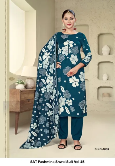 SAT Pashmina Shwal Suit Vol 15 design 8 of 13 — Heavy Pashmina Unstitched Dress Materials with print by SAT, wholesale Surat