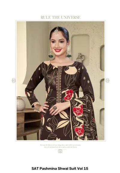 SAT Pashmina Shwal Suit Vol 15 design 9 of 13 — Heavy Pashmina Unstitched Dress Materials with print by SAT, wholesale Surat