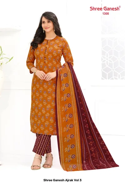 Shree Ganesh Ajrak Vol 3: ochre-colored kurti and pant set with floral block print and matching patterned dupatta.