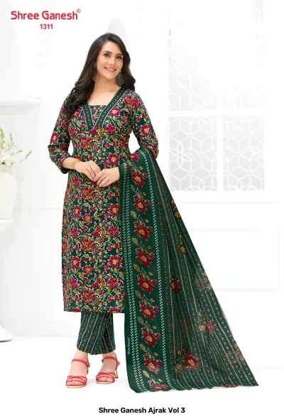 Shree Ganesh Ajrak Vol 3: dark green kurti and pant set with floral print and matching striped dupatta.