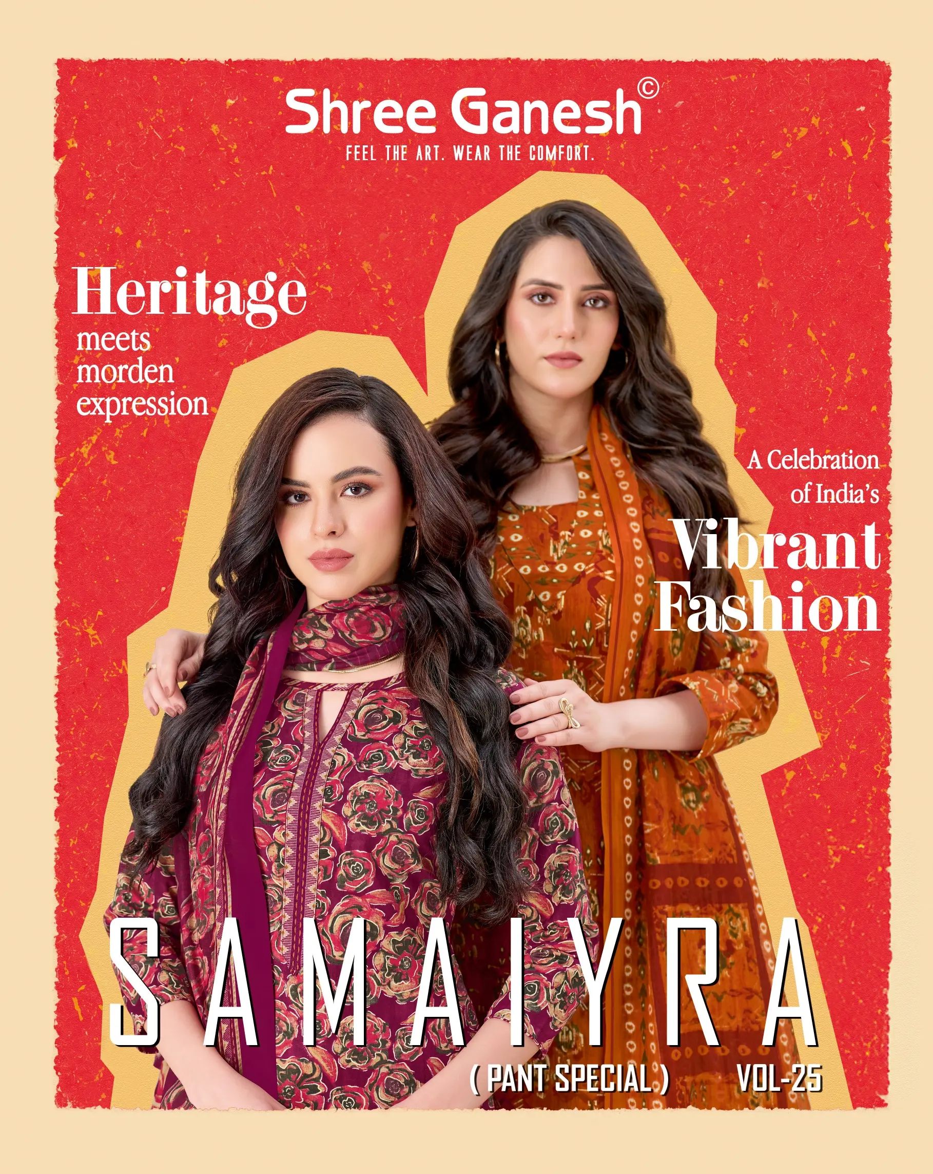 Shree Ganesh Samiyra Vol 25 catalog cover showing two models wearing patterned salwar suits in red and orange tones.