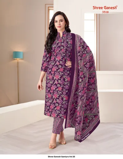 Shree Ganesh Samiyra Vol 25 purple kurti, pant, and dupatta set with floral print.