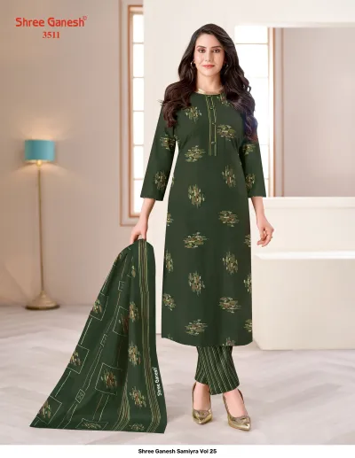 Shree Ganesh Samiyra Vol 25 forest green kurti, pant, and dupatta set with linear abstract embellishments.