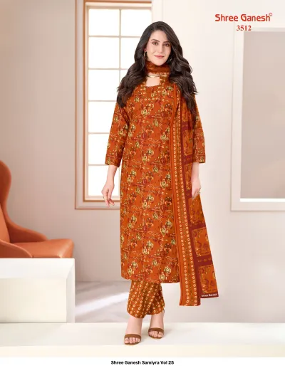 Shree Ganesh Samiyra Vol 25 rust-orange kurti, pant, and dupatta set with intricate abstract print.