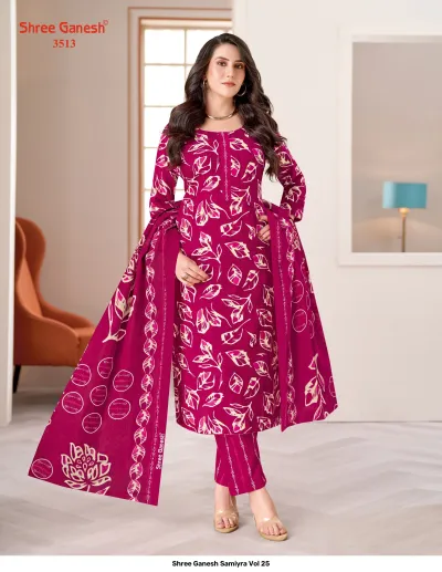 Shree Ganesh Samiyra Vol 25 deep pink kurti, pant, and dupatta set with white leaf pattern.