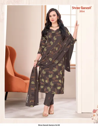 Shree Ganesh Samiyra Vol 25 charcoal brown kurti, pant, and dupatta set with small yellow floral print.