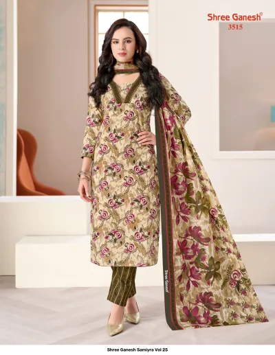 Shree Ganesh Samiyra Vol 25 beige and mauve kurti, pant, and dupatta set with rose floral patterns.