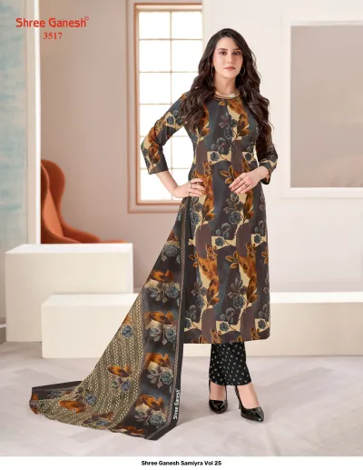 Shree Ganesh Samiyra Vol 25 charcoal grey kurti, pant, and dupatta set with large floral print.
