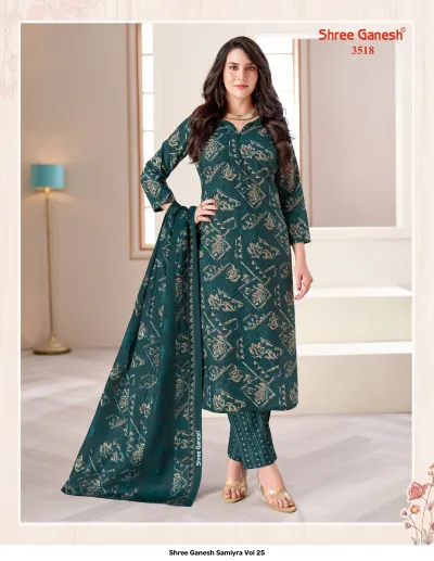 Shree Ganesh Samiyra Vol 25 dark teal kurti, pant, and dupatta set with intricate geometric print.