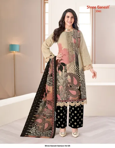 Shree Ganesh Samiyra Vol 25 beige and pink kurti, pant, and dupatta set with floral and paisley prints.
