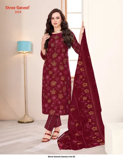 Shree Ganesh Samiyra Vol 25 deep burgundy kurti, pant, and dupatta set with floral print.