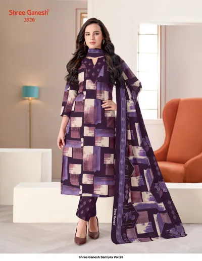 Shree Ganesh Samiyra Vol 25 purple kurti, pant, and dupatta set with geometric block print.