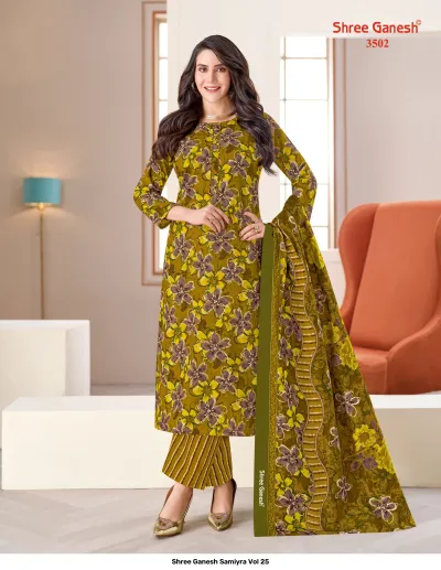 Shree Ganesh Samiyra Vol 25 olive green kurti, pant, and dupatta set featuring a floral print.