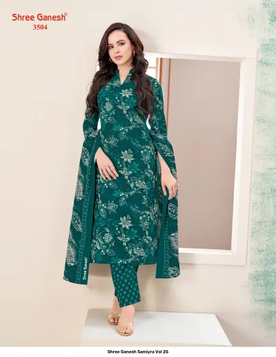 Shree Ganesh Samiyra Vol 25 dark teal kurti, pant, and dupatta set with all-over floral print.
