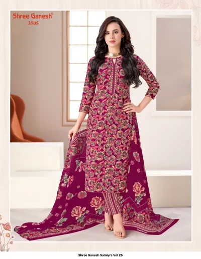 Shree Ganesh Samiyra Vol 25 deep magenta kurti, pant, and dupatta set with rose floral print.