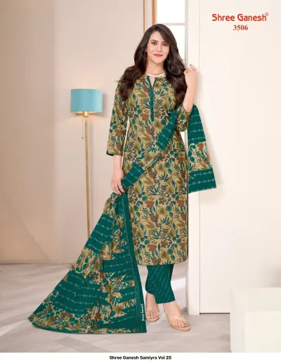 Shree Ganesh Samiyra Vol 25 olive green kurti, pant, and dupatta set with botanical print.