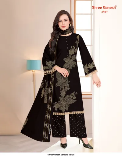 Shree Ganesh Samiyra Vol 25 black kurti, pant, and dupatta set with gold-toned embroidery.