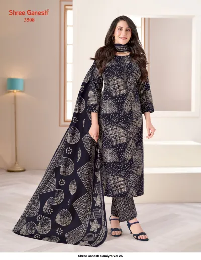 Shree Ganesh Samiyra Vol 25 dark blue kurti, pant, and dupatta set with abstract block print patterns.