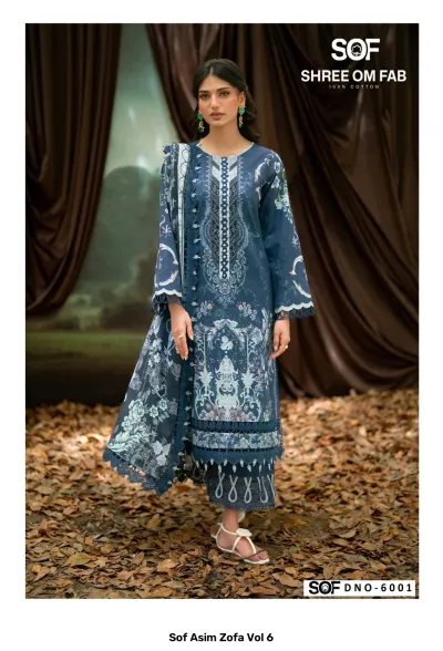 Sof Asim Zofa Vol 6: Blue salwar suit with intricate white print, embroidery, and lace border detailing on the hem and sleeves.