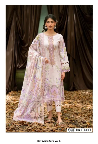Sof Asim Zofa Vol 6: Light pink salwar suit with purple floral print, delicate thread work embroidery, and lace-trimmed dupatta and sleeves.