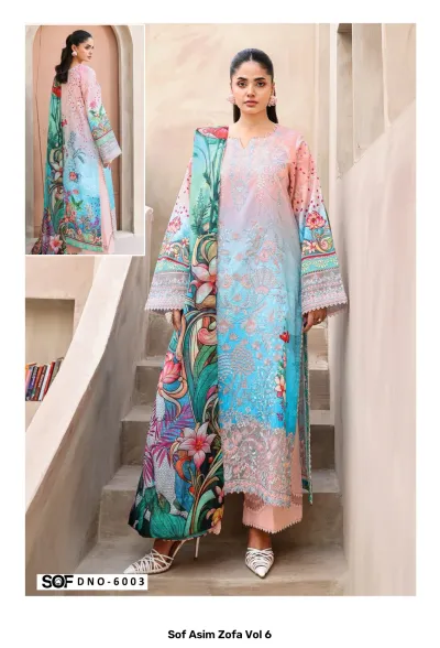Sof Asim Zofa Vol 6: Multi-colored pastel salwar suit with large floral print, embroidery, and a coordinated patterned dupatta.