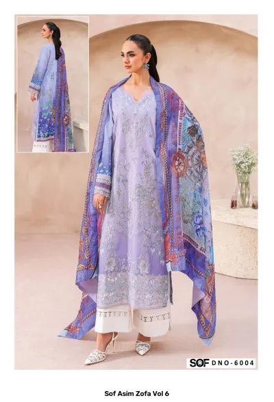 Sof Asim Zofa Vol 6: Lavender salwar suit featuring detailed printed patterns, embroidery, and white palazzo pants with lace trim.