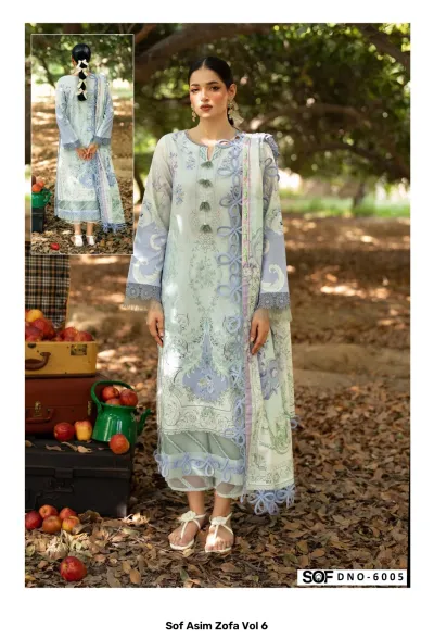 Sof Asim Zofa Vol 6: Light blue salwar suit with floral print, circular fabric embellishments on the front, and lace-trimmed sleeves.