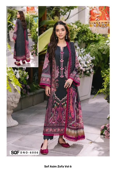 Sof Asim Zofa Vol 6: Dark grey salwar suit with vibrant pink and purple paisley print, embroidery, and lace accents on sleeves and hem.