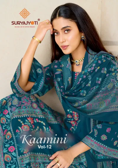 Suryajyoti Kaamini Vol 12, teal dress material with floral print and embroidery work, showcased on a model close-up.