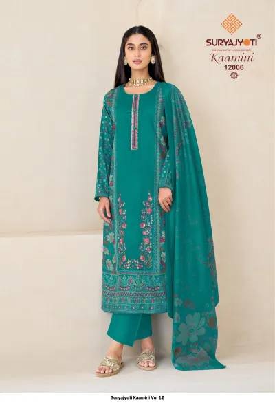 Suryajyoti Kaamini Vol 12, teal salwar suit featuring floral print and embroidery on the kurti with a matching dupatta.