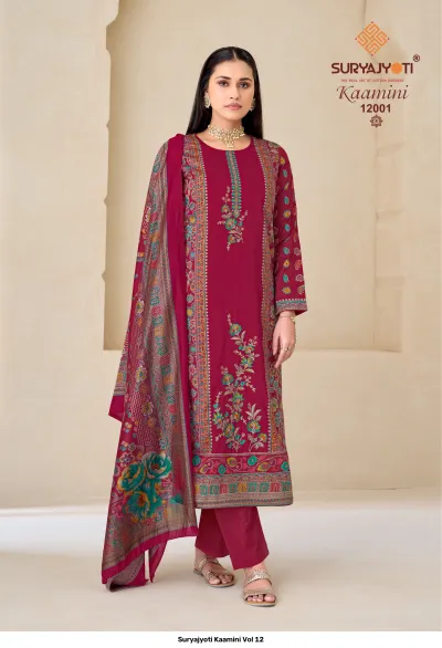 Suryajyoti Kaamini Vol 12, maroon salwar suit with floral print and embroidery work, complete with a patterned dupatta.