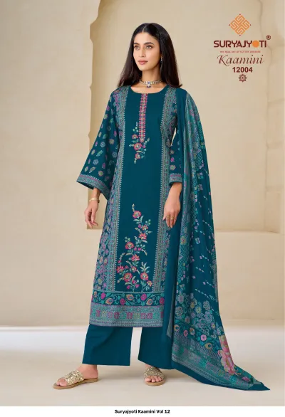 Suryajyoti Kaamini Vol 12, teal salwar suit with floral print and embroidery work on the kurti and dupatta.