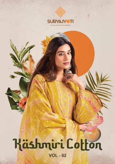 Suryajyoti Kashmiri Cotton Vol 2 catalog cover with a model wearing a printed yellow kurti and dupatta.