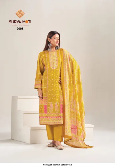 Suryajyoti Kashmiri Cotton Vol 2 mustard yellow printed salwar suit with pink accents and matching dupatta.