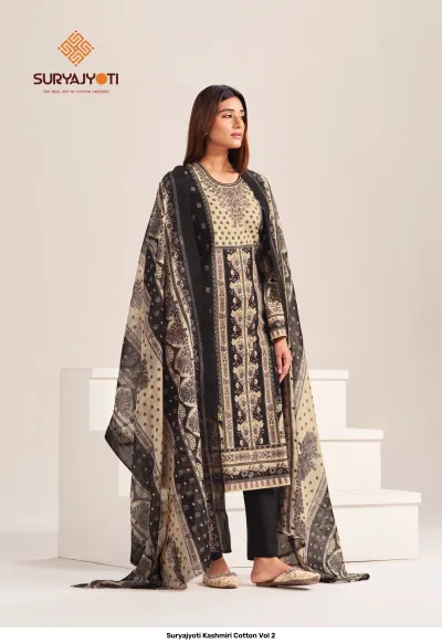 Suryajyoti Kashmiri Cotton Vol 2 black and beige printed salwar suit with floral details and coordinating dupatta.