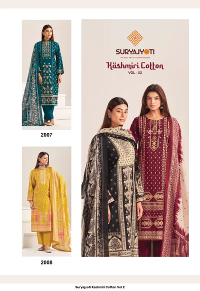 Suryajyoti Kashmiri Cotton Vol 2 catalog collage featuring various designs from the salwar suit collection.