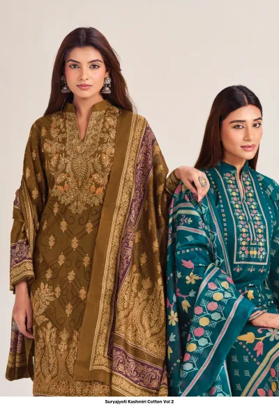 Suryajyoti Kashmiri Cotton Vol 2 two models in olive and teal green printed salwar suits with thread work details.